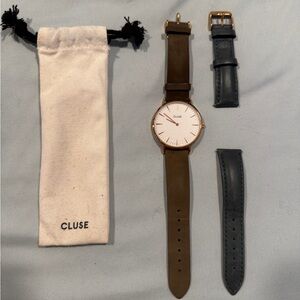 Cluse Rose Gold Watch with interchangeable green or navy Straps